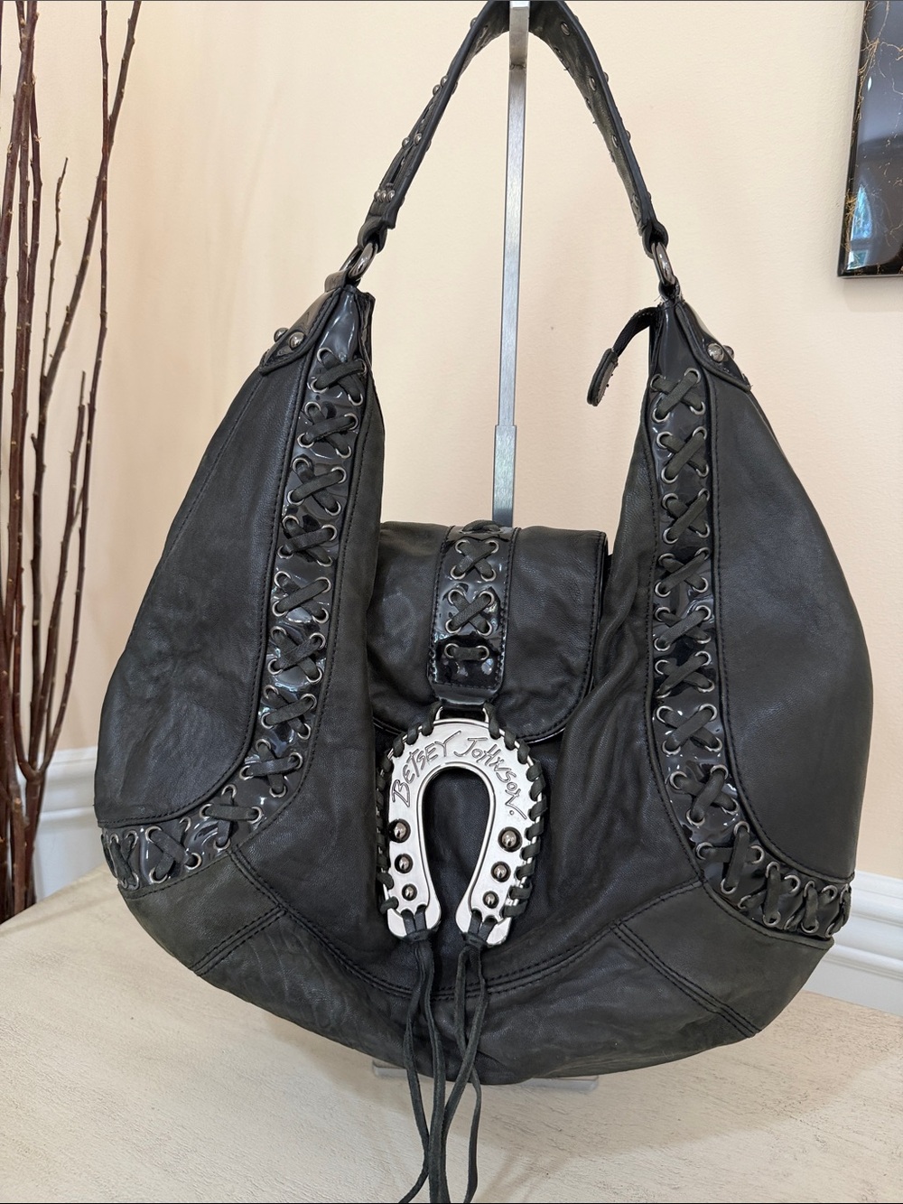 Betsey Johnson Black Leather Horseshoe-Accent Shoulder Bag